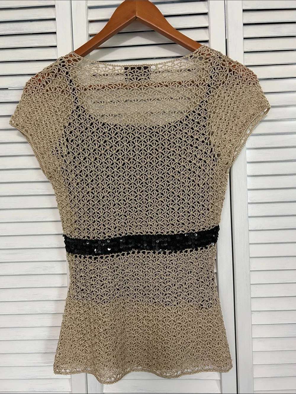 Principles Petite gold metallic V-Neck Top w/Sequin Belt & Black under cami. - Picture 3 of 11